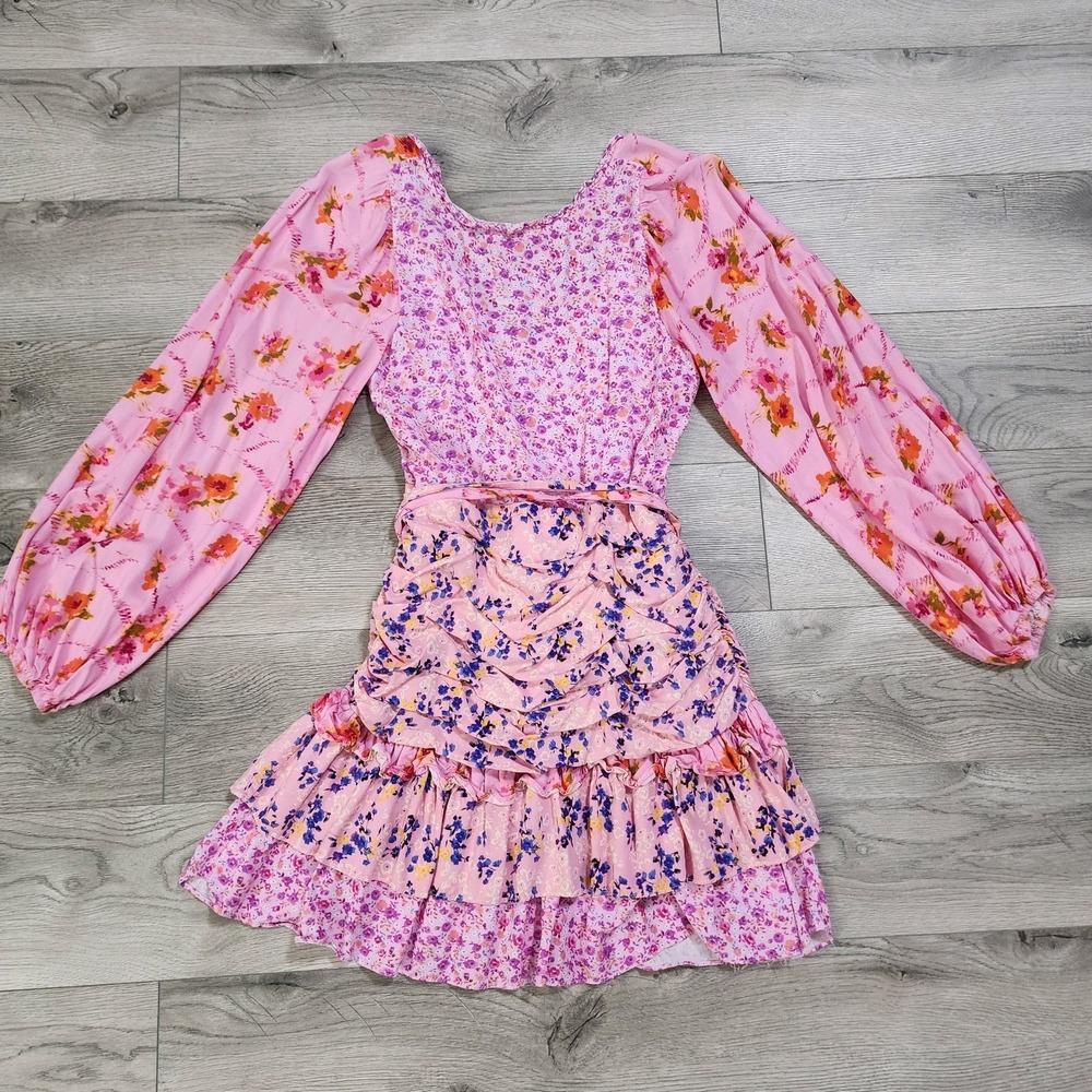 R Vivimos Dress‎ Women's S Sleeve Mixed Print Balloon Sleeve Ruffles Boho Tiered - Picture 3 of 8